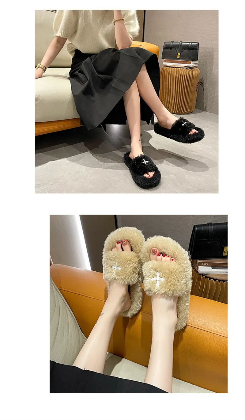 Nouveauté Livraison gratuite Pantoufles en laine chaudes et confortables pour femme, style créateur, idéales pour l'intérieur et l'extérieur. Sandales décontractées en peluche._voghion.com