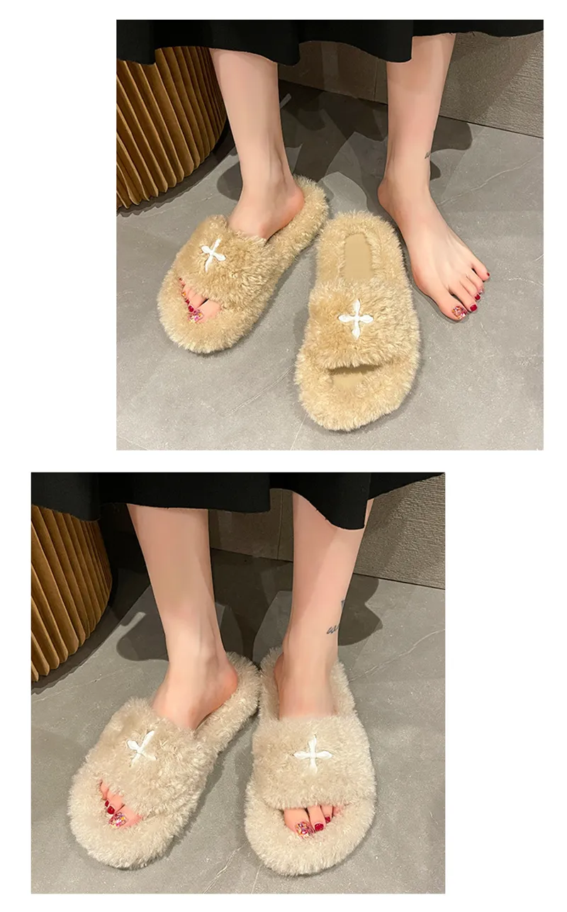 Nouveauté Livraison gratuite Pantoufles en laine chaudes et confortables pour femme, style créateur, idéales pour l'intérieur et l'extérieur. Sandales décontractées en peluche._voghion.com