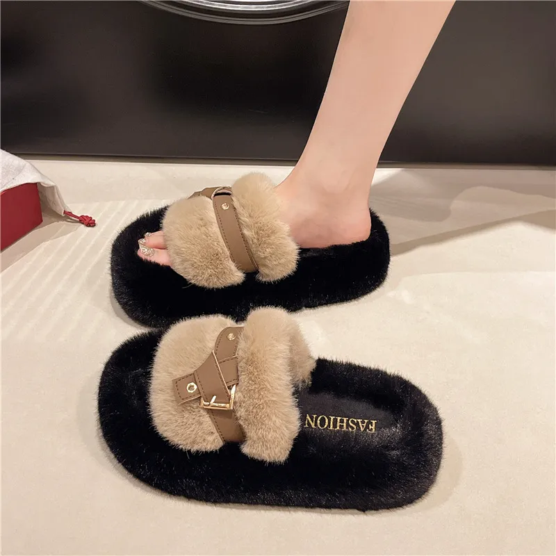 new Free Shipping Designer For Woman Indoor Outdoor Keep Warm Woolen Slippers Classic Black Khaki Plush Sandals_voghion.com