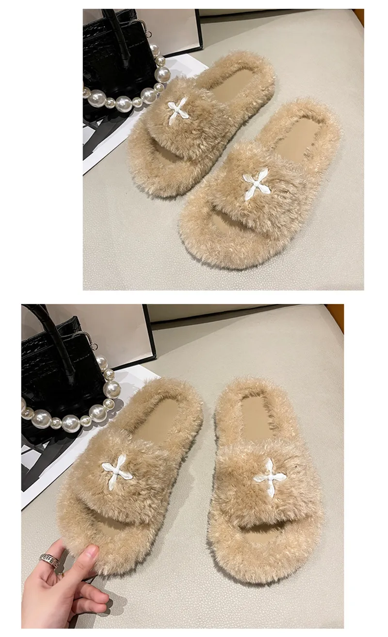 Nouveauté Livraison gratuite Pantoufles en laine chaudes et confortables pour femme, style créateur, idéales pour l'intérieur et l'extérieur. Sandales décontractées en peluche._voghion.com