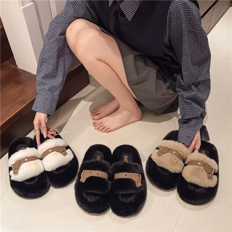 new Free Shipping Designer For Woman Indoor Outdoor Keep Warm Woolen Slippers Classic Black Khaki Plush Sandals_voghion.com