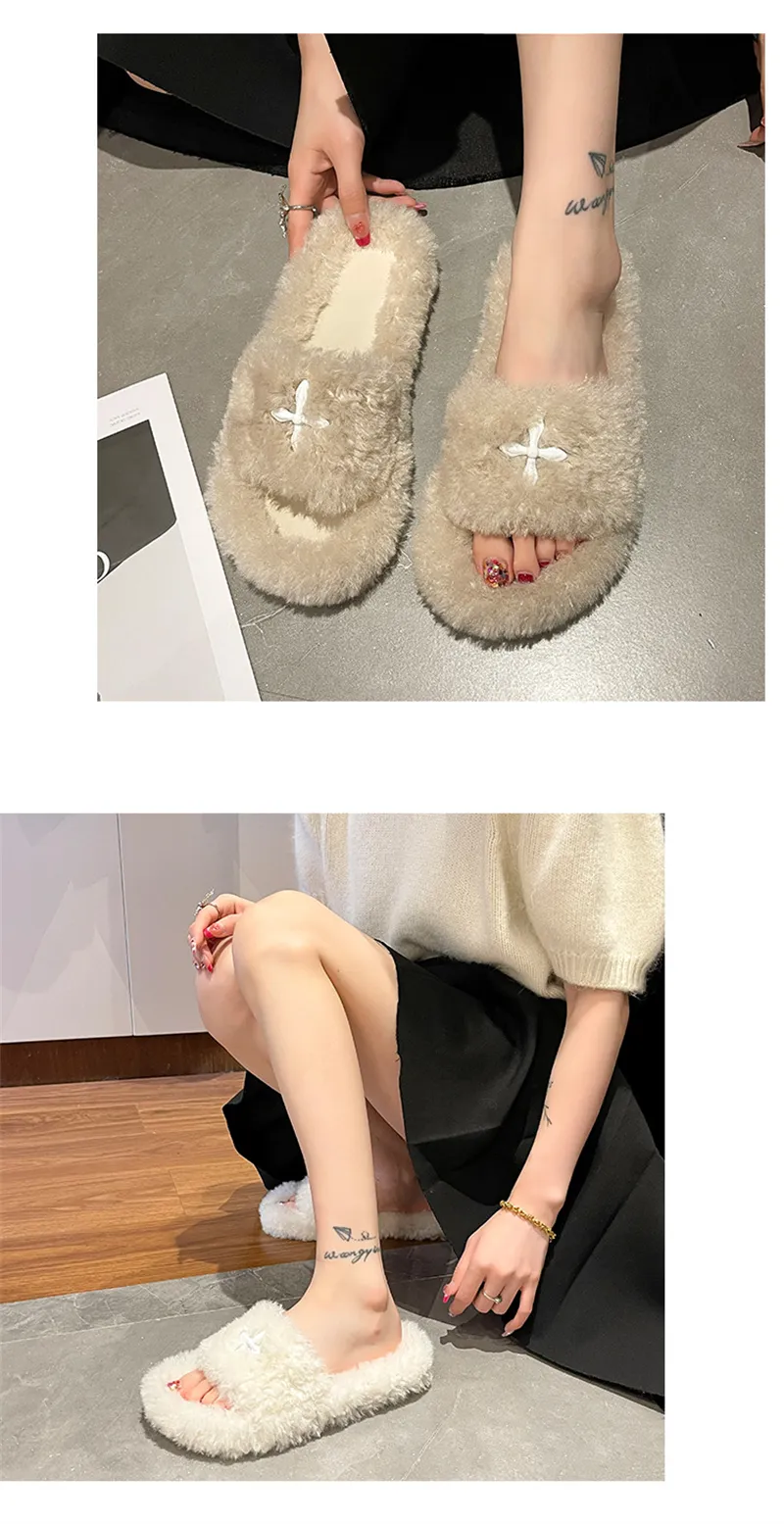 Nouveauté Livraison gratuite Pantoufles en laine chaudes et confortables pour femme, style créateur, idéales pour l'intérieur et l'extérieur. Sandales décontractées en peluche._voghion.com