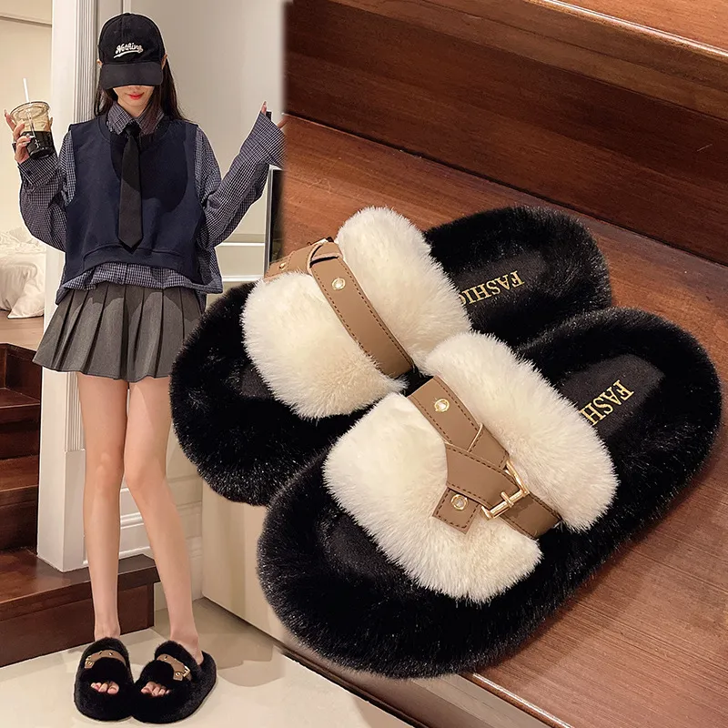 new Free Shipping Designer For Woman Indoor Outdoor Keep Warm Woolen Slippers Classic Black Khaki Plush Sandals_voghion.com