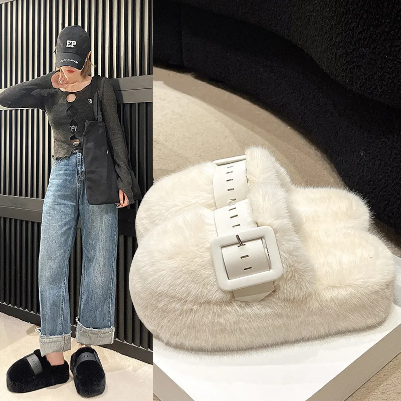 Novos chinelos de lã de designer para mulheres, com frete grátis, para uso interno e externo, mantêm os pés aquecidos. Sandálias casuais de plataforma em preto e branco com detalhes em pelúcia._voghion.com