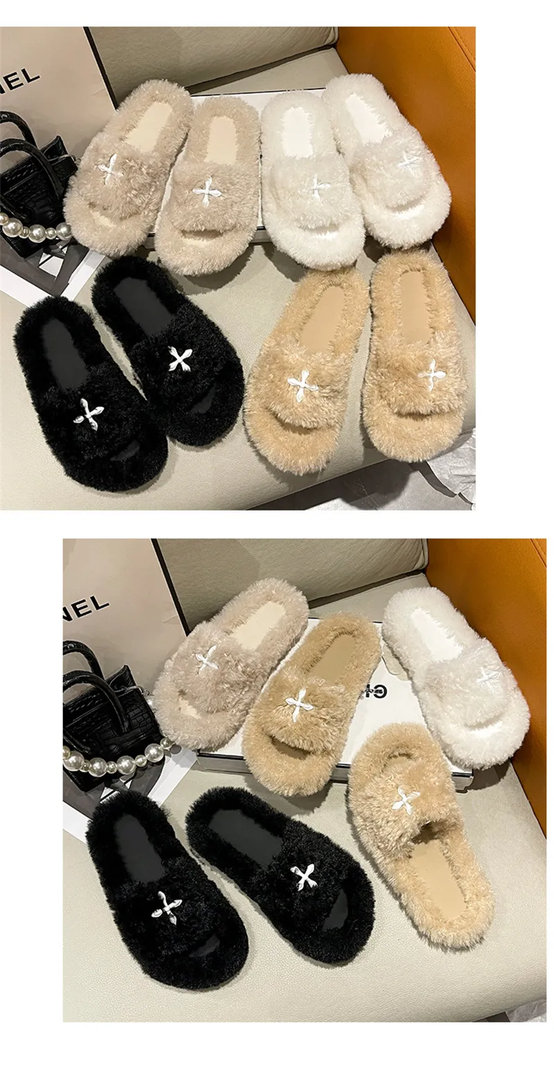 Nouveauté Livraison gratuite Pantoufles en laine chaudes et confortables pour femme, style créateur, idéales pour l'intérieur et l'extérieur. Sandales décontractées en peluche._voghion.com