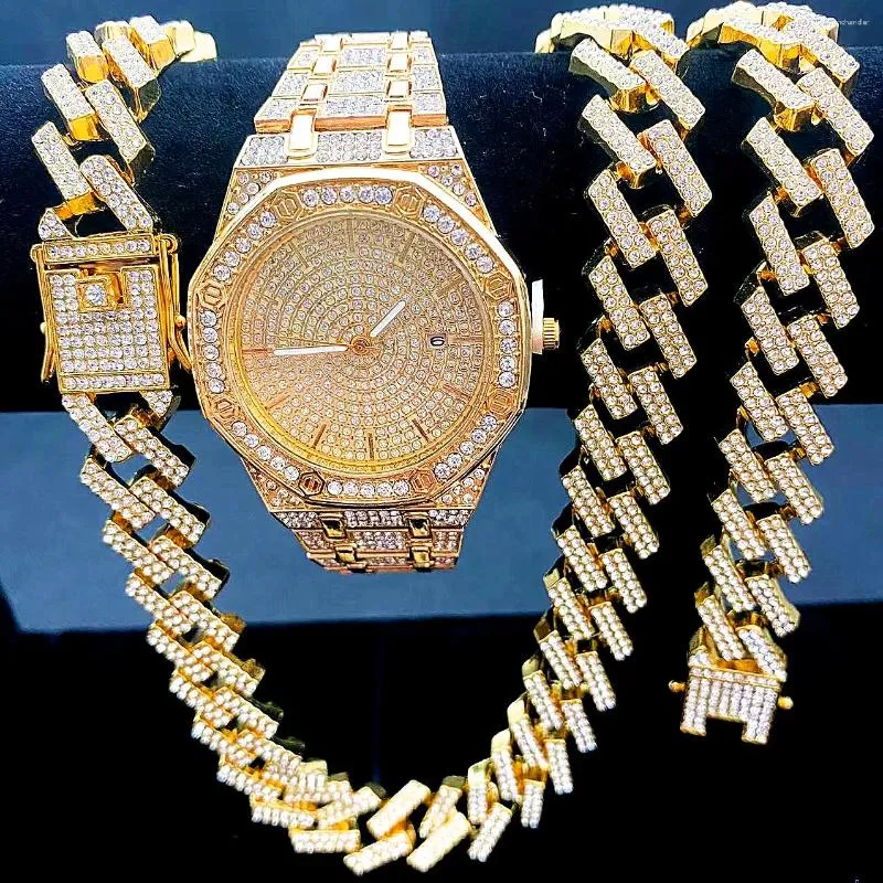 Wristwatches Iced Out Watches For Men Gold Wristwatch 15mm Cuban