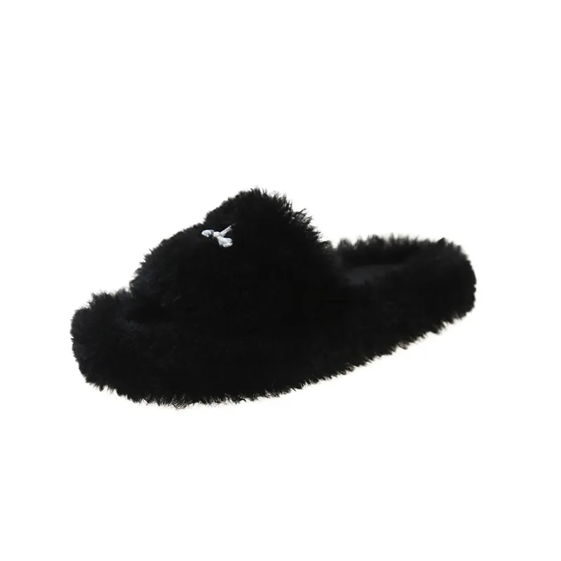 Nieuwe gratis verzending Designer voor dames Binnen en buiten Houd warm Dikke wollen platte pantoffels Casual Klassiek Zwart Wit_voghion.com