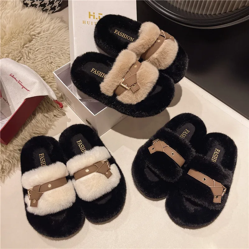 new Free Shipping Designer For Woman Indoor Outdoor Keep Warm Woolen Slippers Classic Black Khaki Plush Sandals_voghion.com