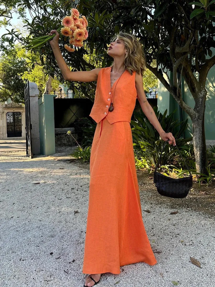 Conjunto De Colete E Saia Sem Mangas Femininos Roupa Chique De