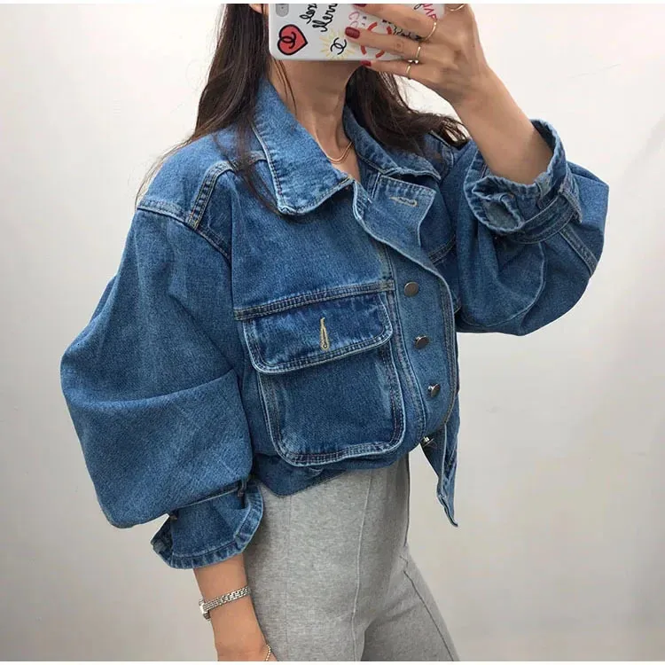 Women's Y2K Oversized Denim Jacket, Asymmetric Length, Hooded