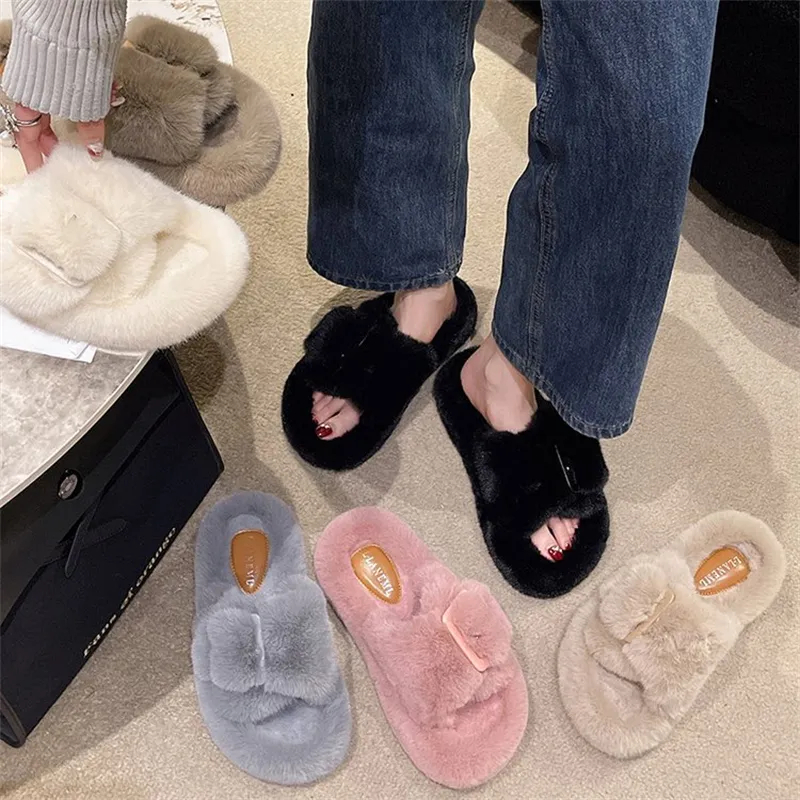 hot Free Shipping Designer Slippers For Woman Winter Indoor Outdoor Keep Warm Casual Plush Sandals Black White Khaki_voghion.com