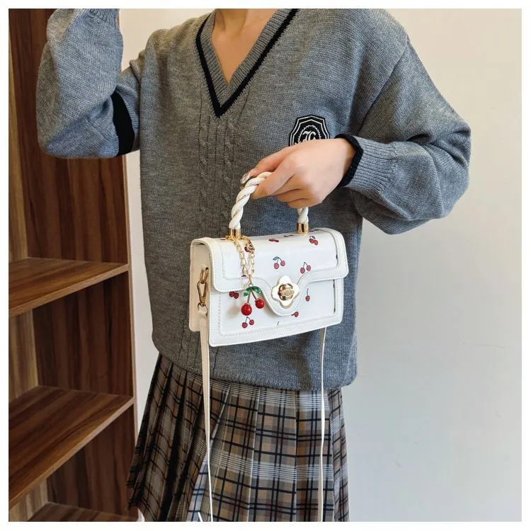 Borsa a tracolla alla moda - Piccola borsa quadrata con stampa di ciliegie e fresco contrasto di colori, leggera per l'uso quotidiano_voghion.com