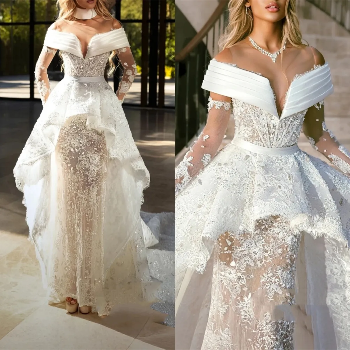 Designer Mermaid Wedding Dress - Sheer Neck Off Shoulder Sleeveless Bridal  Gown with Lace Appliques and Detachable Train - Custom Made vestidos de ...