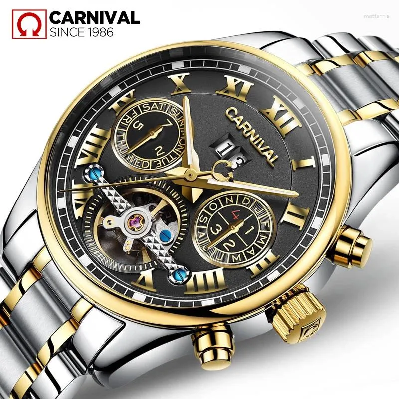 Wristwatches CARNIVAL Black Gold Tourbillon Full Steel Watch For