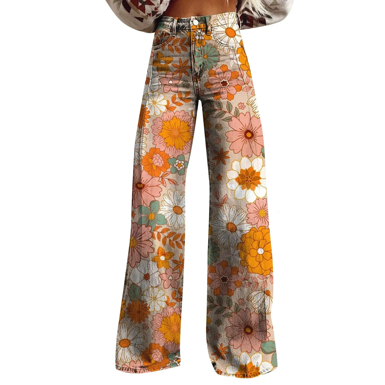 Calças De Perna Larga Feminina Com Estampa Floral Vintage, Calças