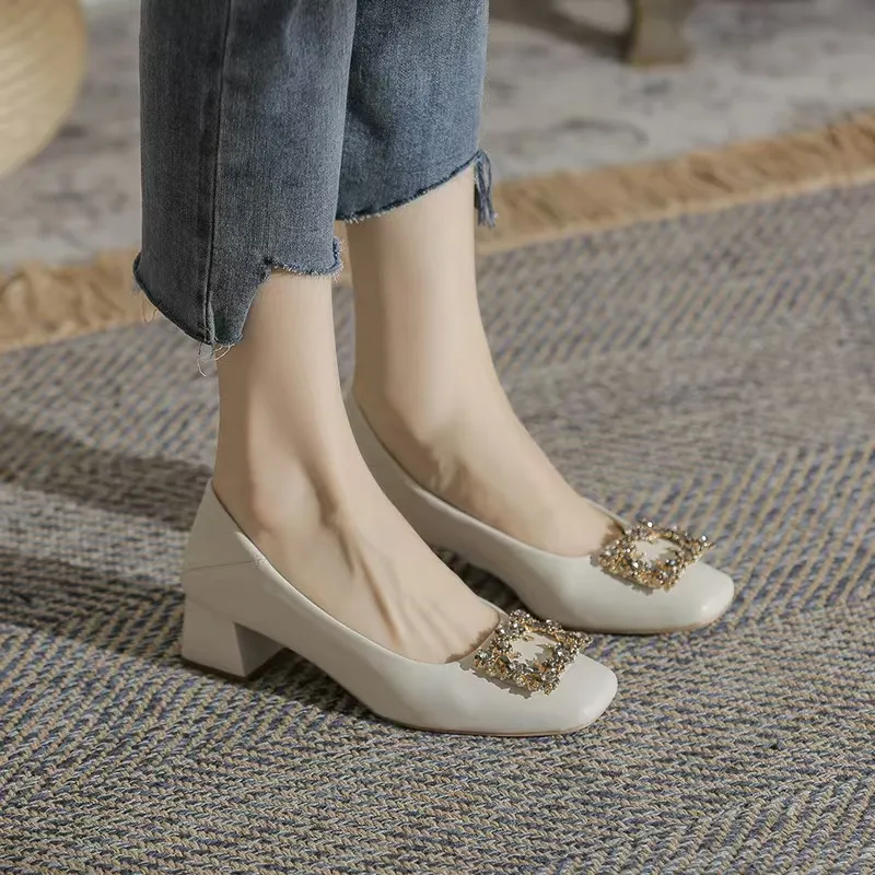 Crystal Square Buckle Med High Heels Shoes Woman New Designer