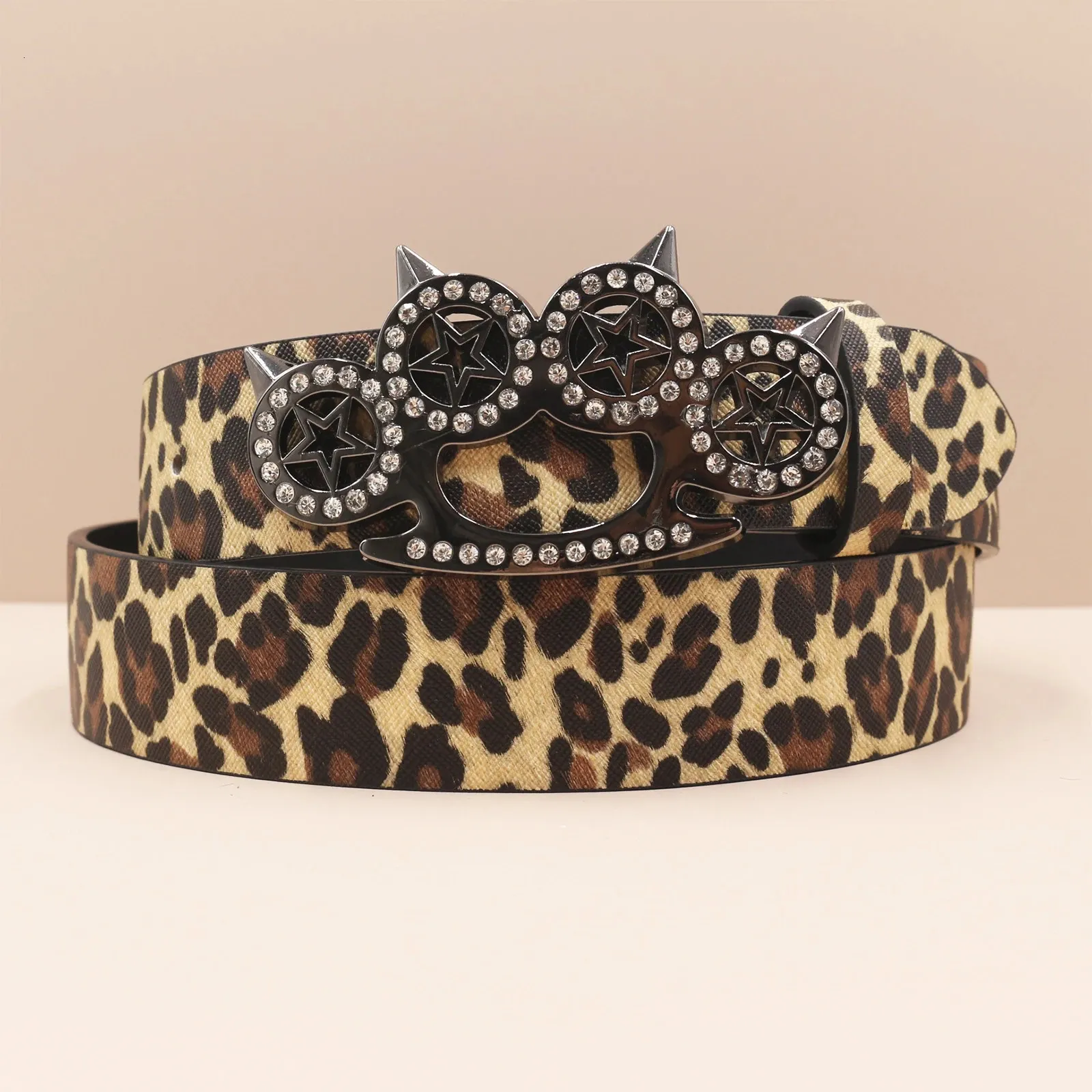 Y2K Leopard Print PU Leather Belt with Studded Rivets Y2K Punk Leopard Print Star Eyelet Black Rivet Belt Goth Pu  main image 3