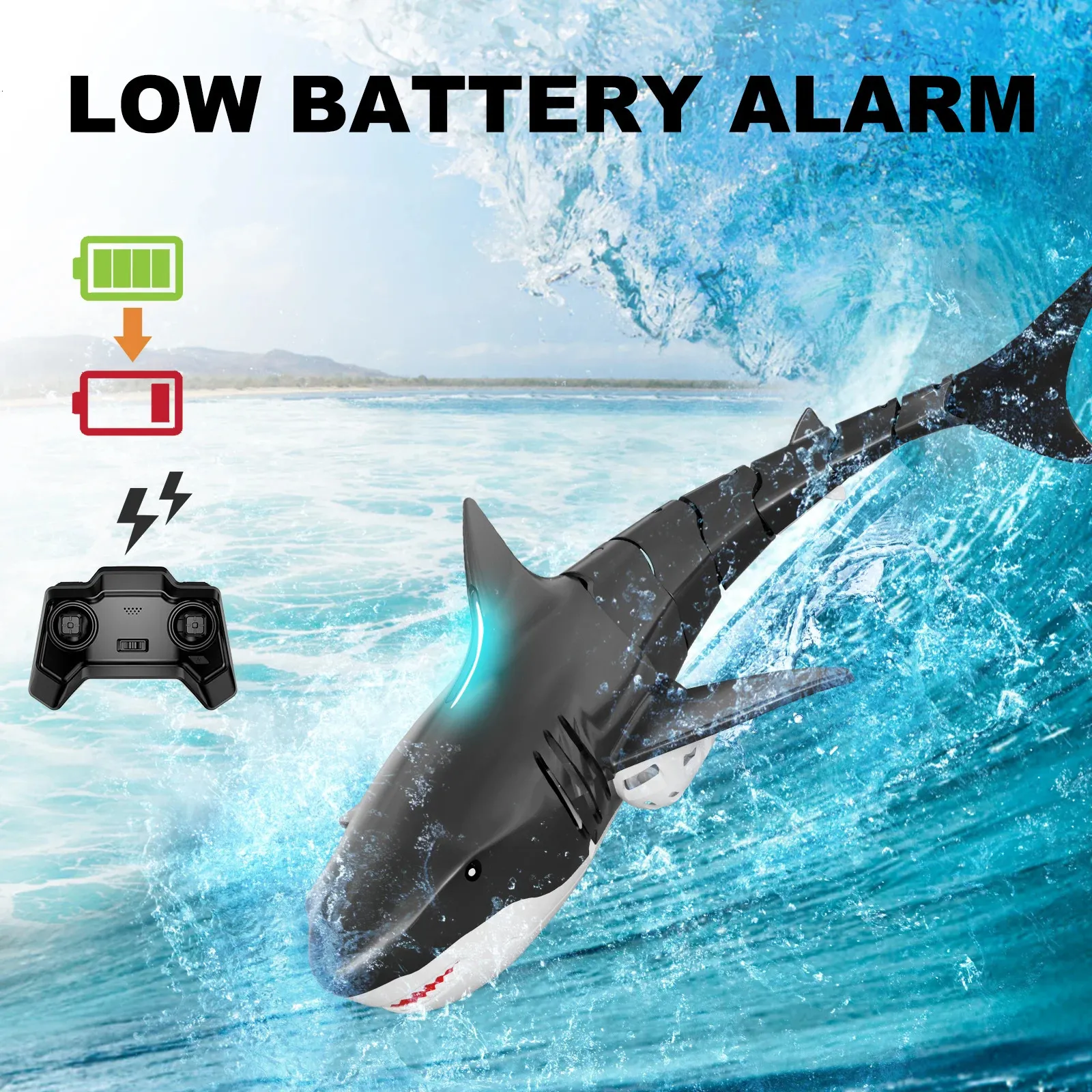 TEMI – Requin Télécommandé Réaliste – 35 Cm Avec Lumière, Pulvérisation D’eau – Double Batterie – Piscine Lac – Cadeau Dès 6 Ans