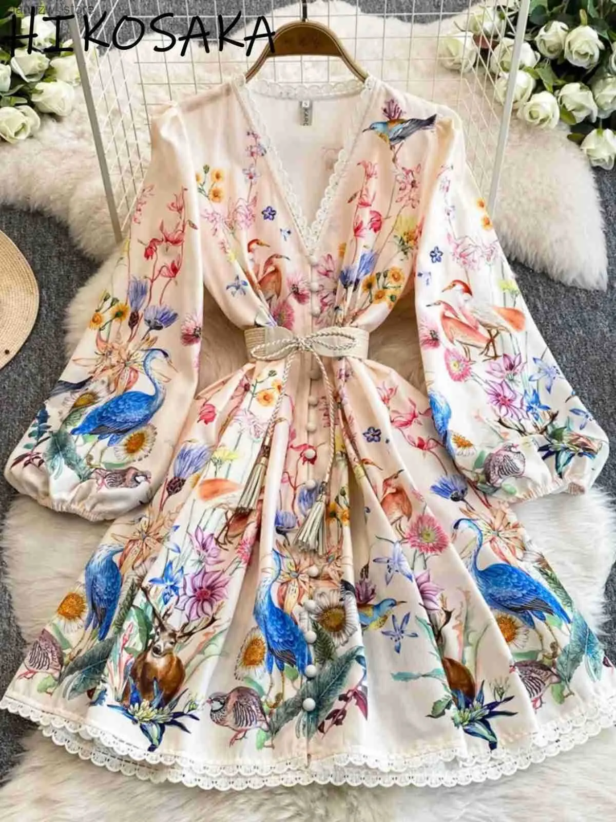 French Style Retro Elegant Dr Women Spring Swt Lace V Neck Single