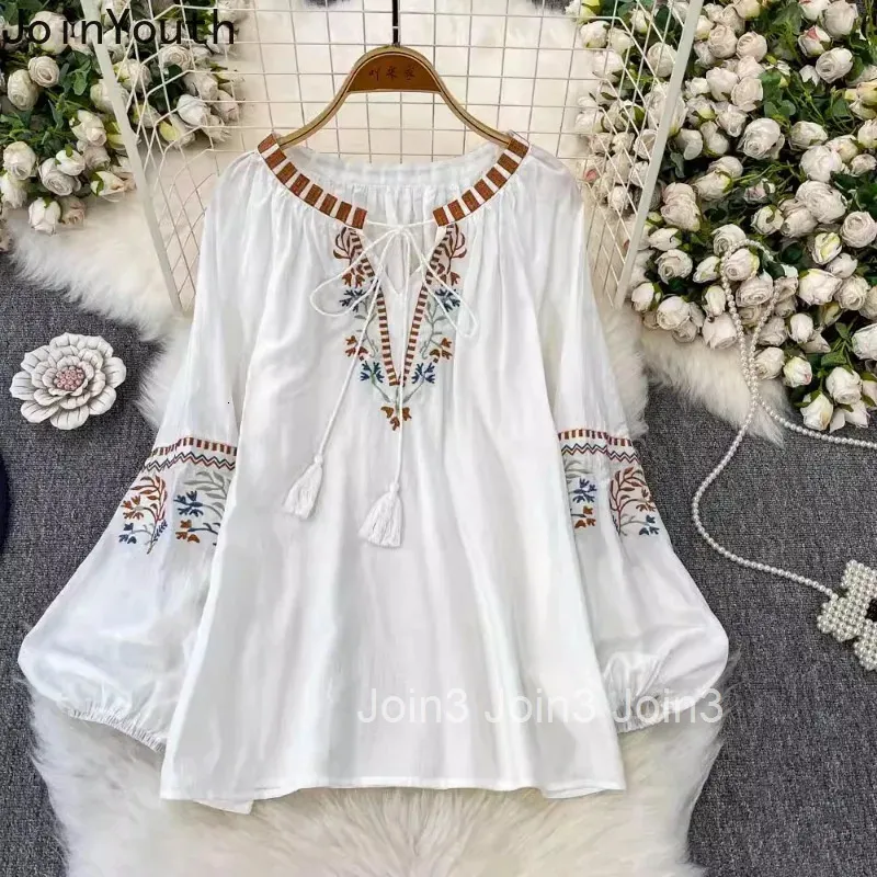 女性用のビンテージ刺繍ブラウス、Oネック長袖ルーズフィットシャツ 