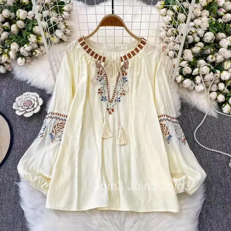 女性用のビンテージ刺繍ブラウス、Oネック長袖ルーズフィットシャツ 