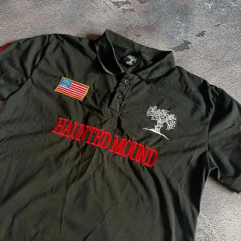 Mens Haunted Mound Embroidered Retro Black Polo From