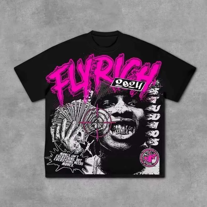 フライリッチ抽象人間の顔グラフィック綿 100% Tシャツ男性 Y2K 夏半袖 