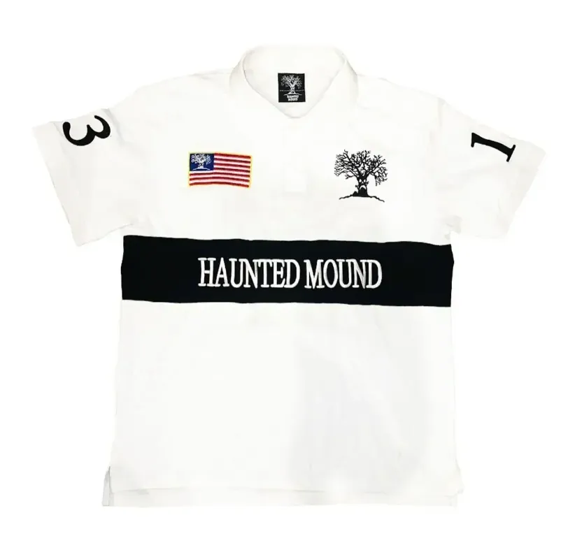 Mens Haunted Mound Embroidered Retro Black Polo From