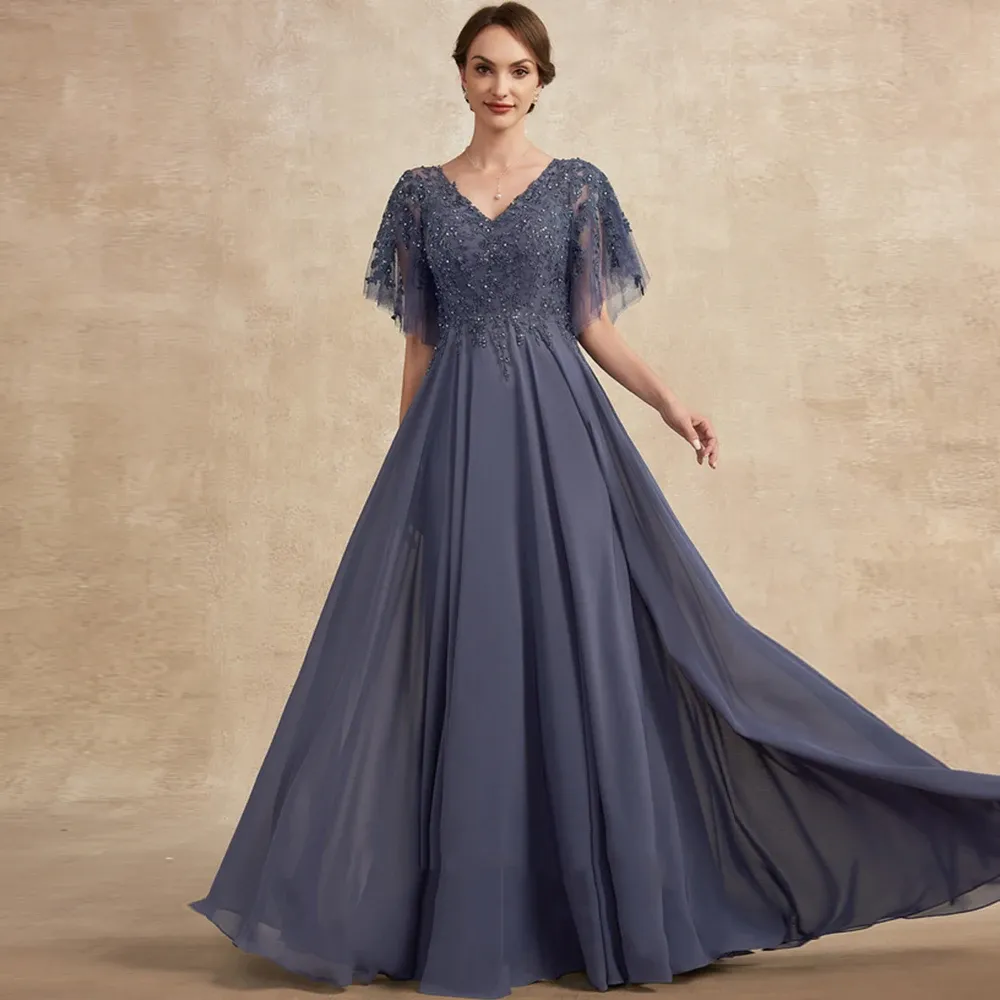 Elegant Chiffon Mother Of The Bride Dress: Half Sleeves, Zipper