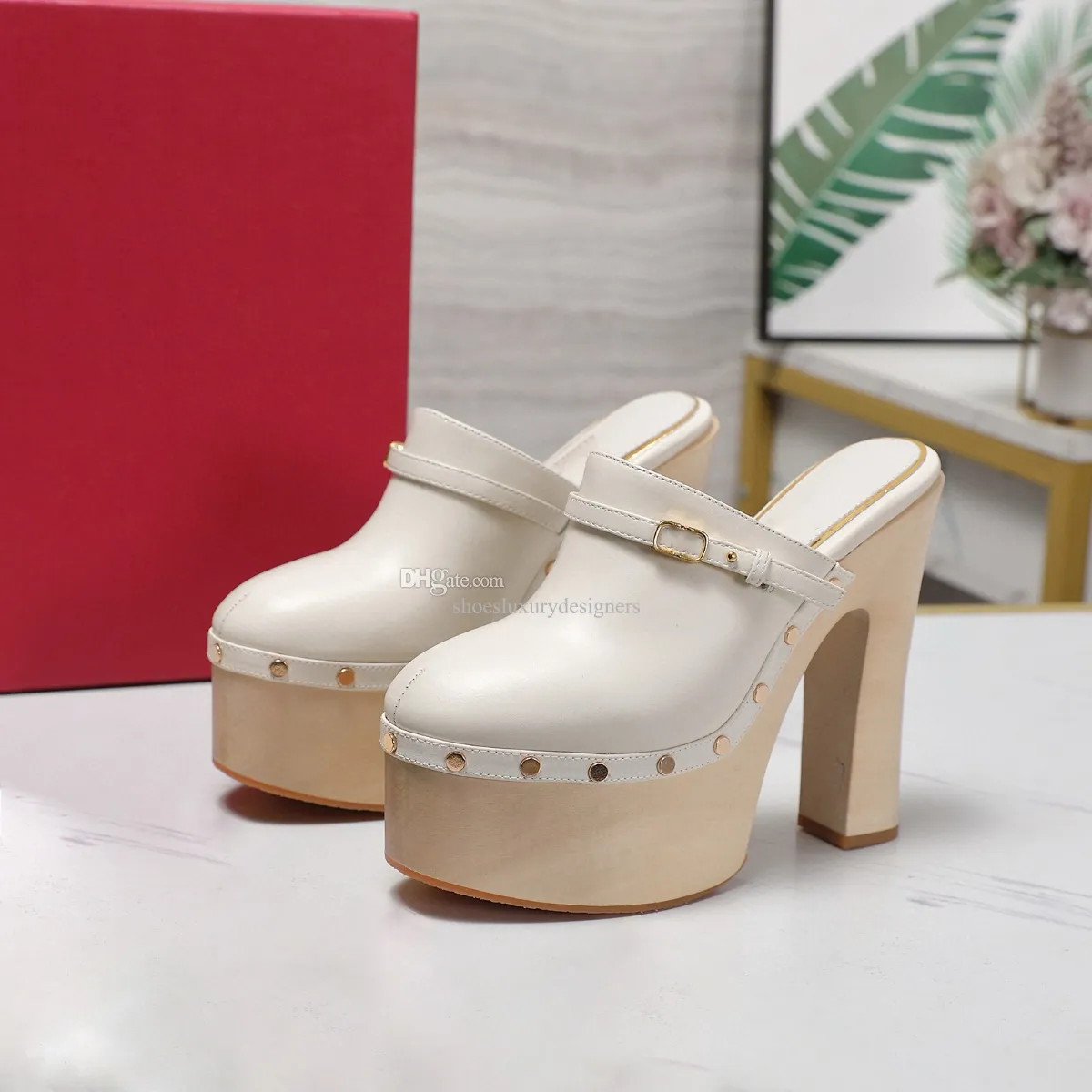 Boho Vintage Clogs Mule Buckle Chunky Heels Platform Real Leather