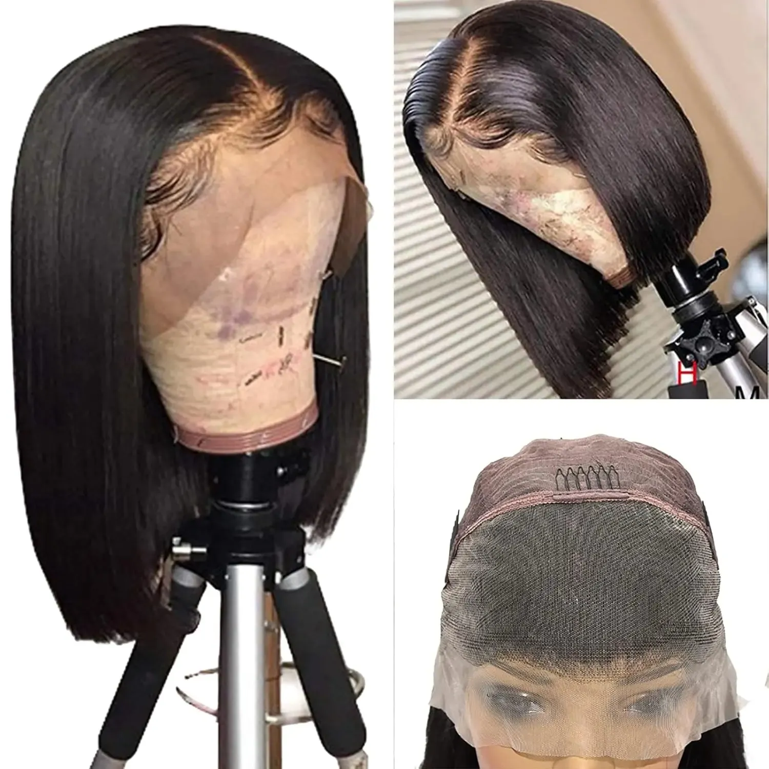 Short Wavy Bob Wig Black Synthetic Wig With Lace Hairline 