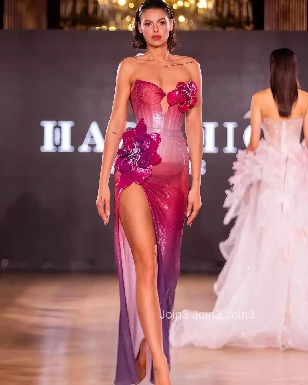 Save Big on Bulk Sequined Bandage Dress Women's Pink Sequin Bandage Dress  With 3D Floral Appliques, Halter Neck And High Slit Formal Evening Party