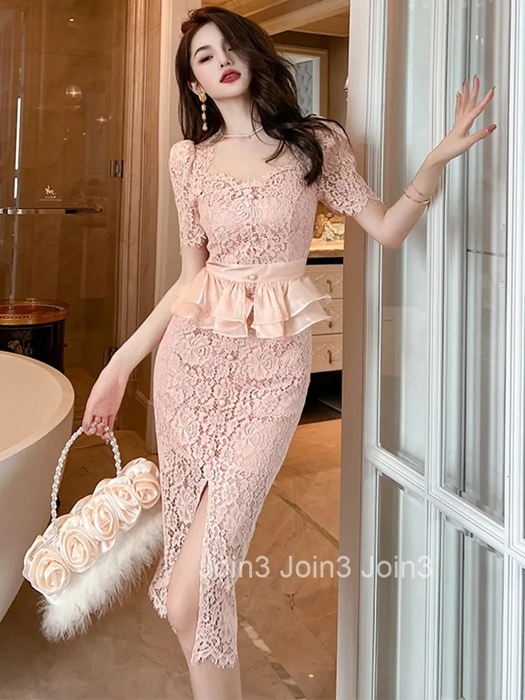 Womens Lace Evening Dress Slim Fit Pink Sheer Midi Pencil Ruffle Party Dress  From Join3, $35.06 | DHgate.Com