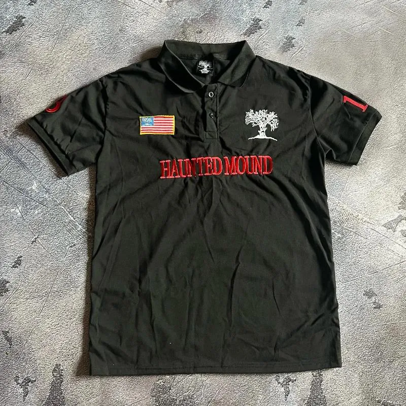 Mens Haunted Mound Embroidered Retro Black Polo From