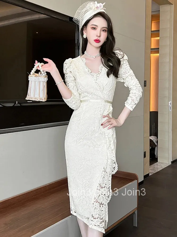 Fashion Korean Style Women Vintage Sexy Lace Ruffle Midi Party Dress  Elegant Temperament Coffee Break Asymmetrical Female Dress