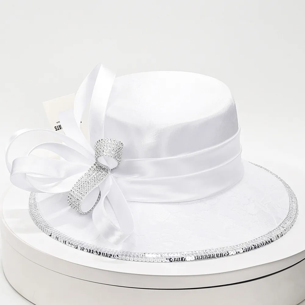 SD726 Elegant Black Church Hats Wide Brim Rhinestone Bow  display picture 1