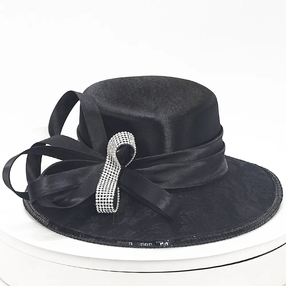 SD726 Elegant Black Church Hats Wide Brim Rhinestone Bow  display picture 3