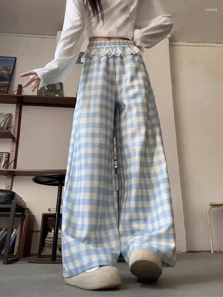 Save Big on Bulk Women's High Waisted Plaid Pants Women's Plaid Wide Leg Trousers Sweet Blue Lace Patchwork High Waist Korean Style Spring Fashion