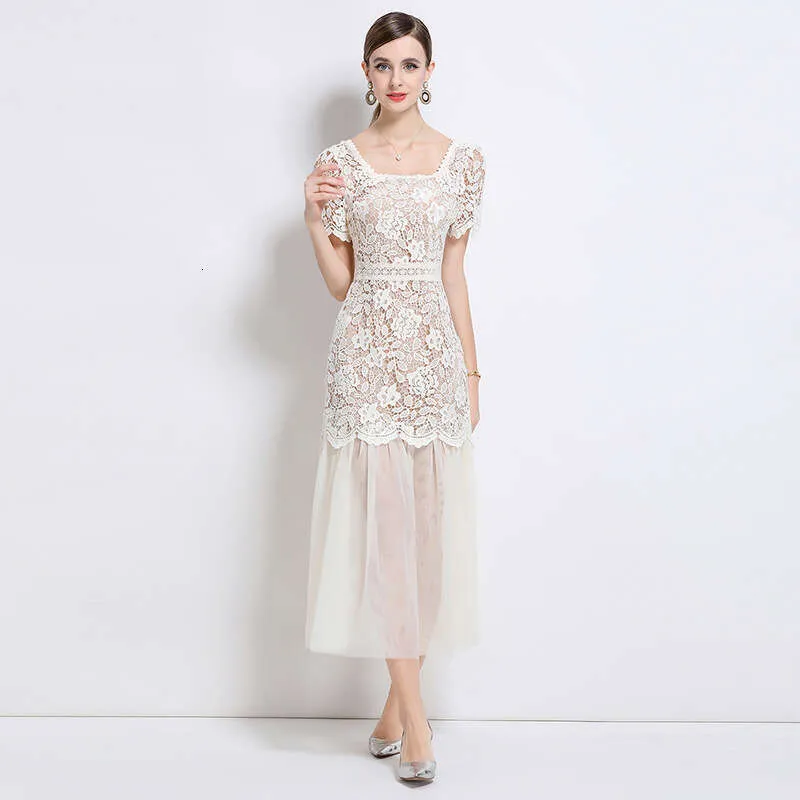 Elegant Lace Long Dress French Style Socialite Square Neck Sheer Mesh  Patchwork From Stephaniestore666, $38.2 In Bulk | DHgate.Com