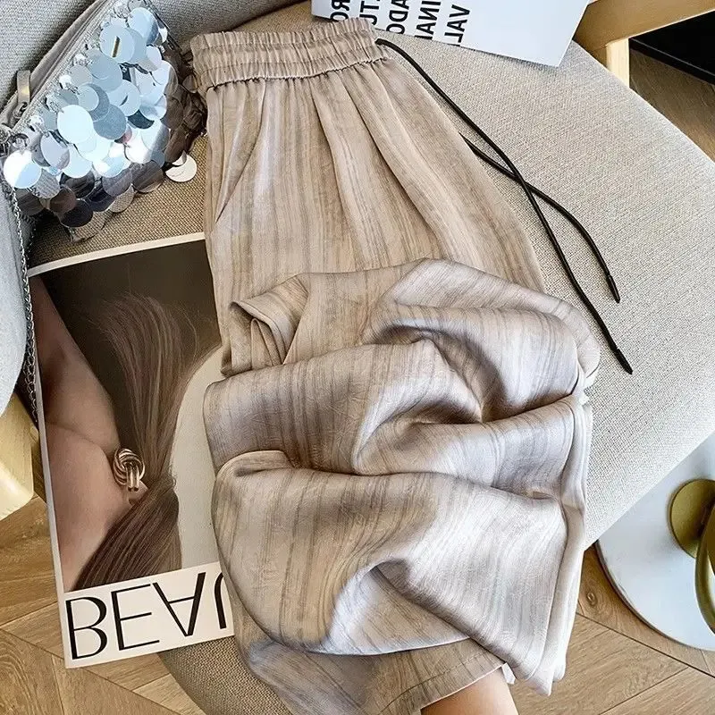 Striped Ice Silk Satin Yamamoto Wide Leg Pants Summer Straight Mop