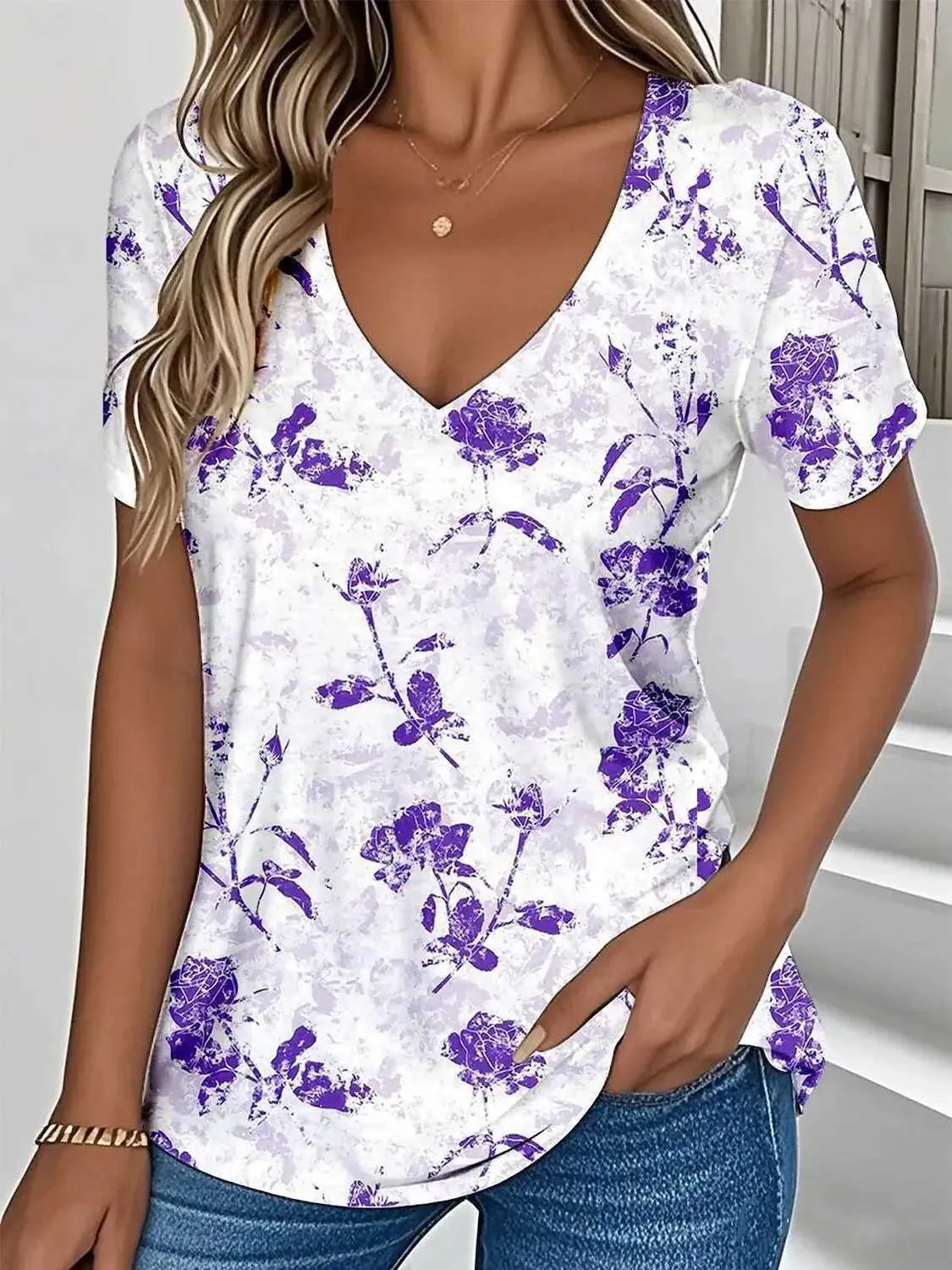 Maglietta Donna Maniche Lunghe Con Scollo A V E Stampa Floreale - 100% Poliestere - Foto 5