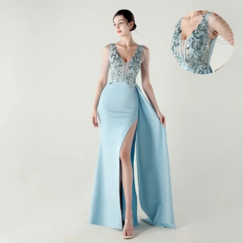 formal corset dress wedding guest Sheath Prom Gown Corset Straps Sleeveless Blue Satin Wedding Guest Dre main image 0