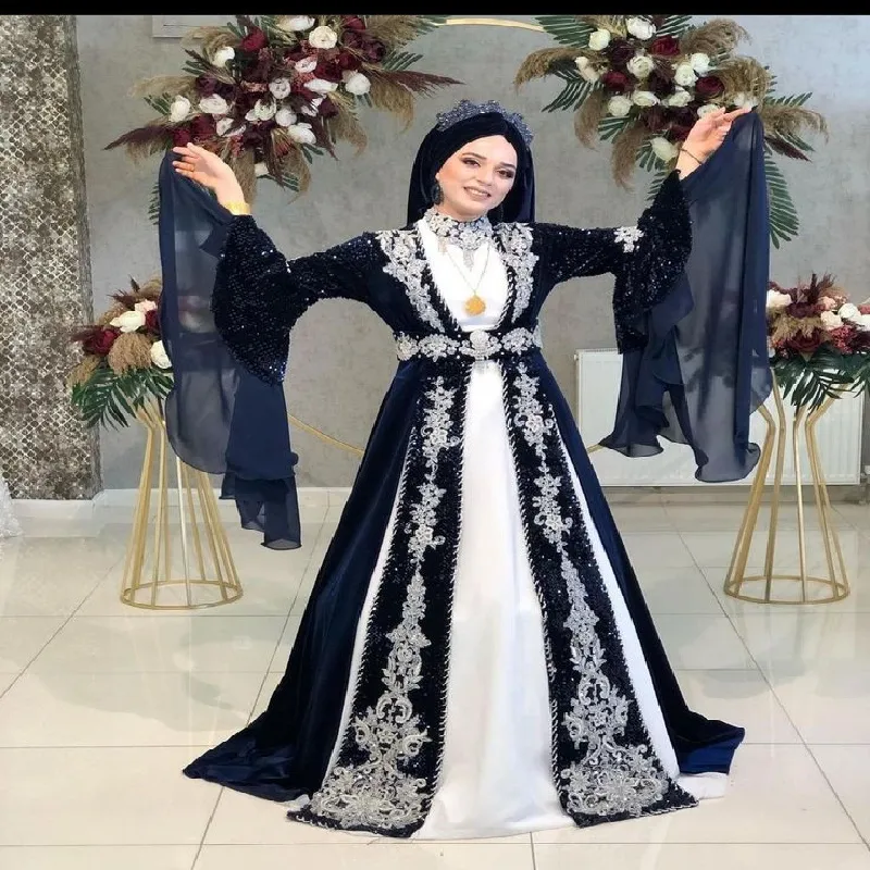 Luxury Saudi Abaya Moroccan Evening Dress Navy Flare Long Sleeve Lace  Muslim Islamic Prom Dress 2025 Ottoman Turkish Abaya Formal Robe De Mariage
