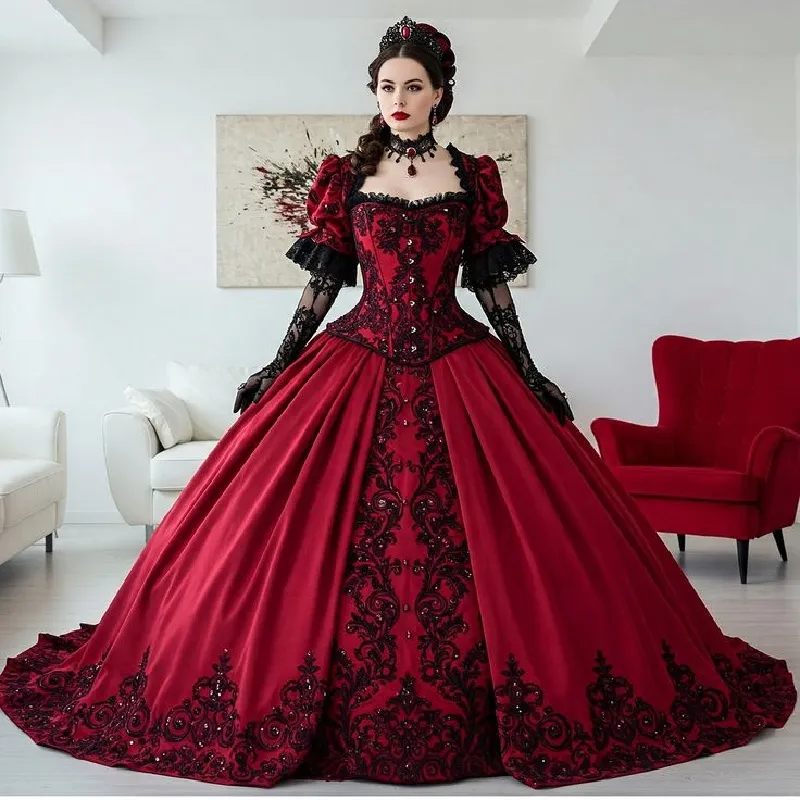 Evening Wear 1870s Ball Gown Victorian Black And Red Gothic Prom