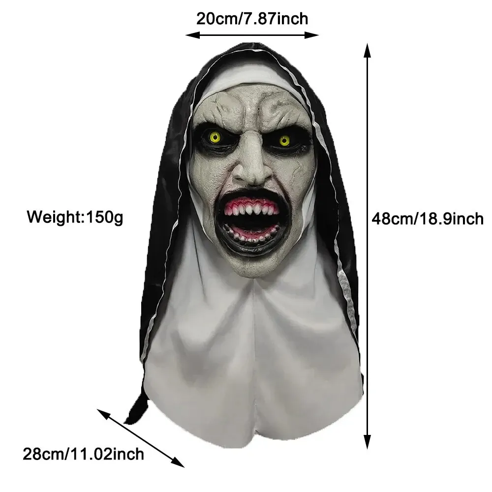 Máscara de látex de la Monja Valak para Halloween y Navidad, disfraz de terror, accesorio de fiesta, casco con capucha, velo de cara completa