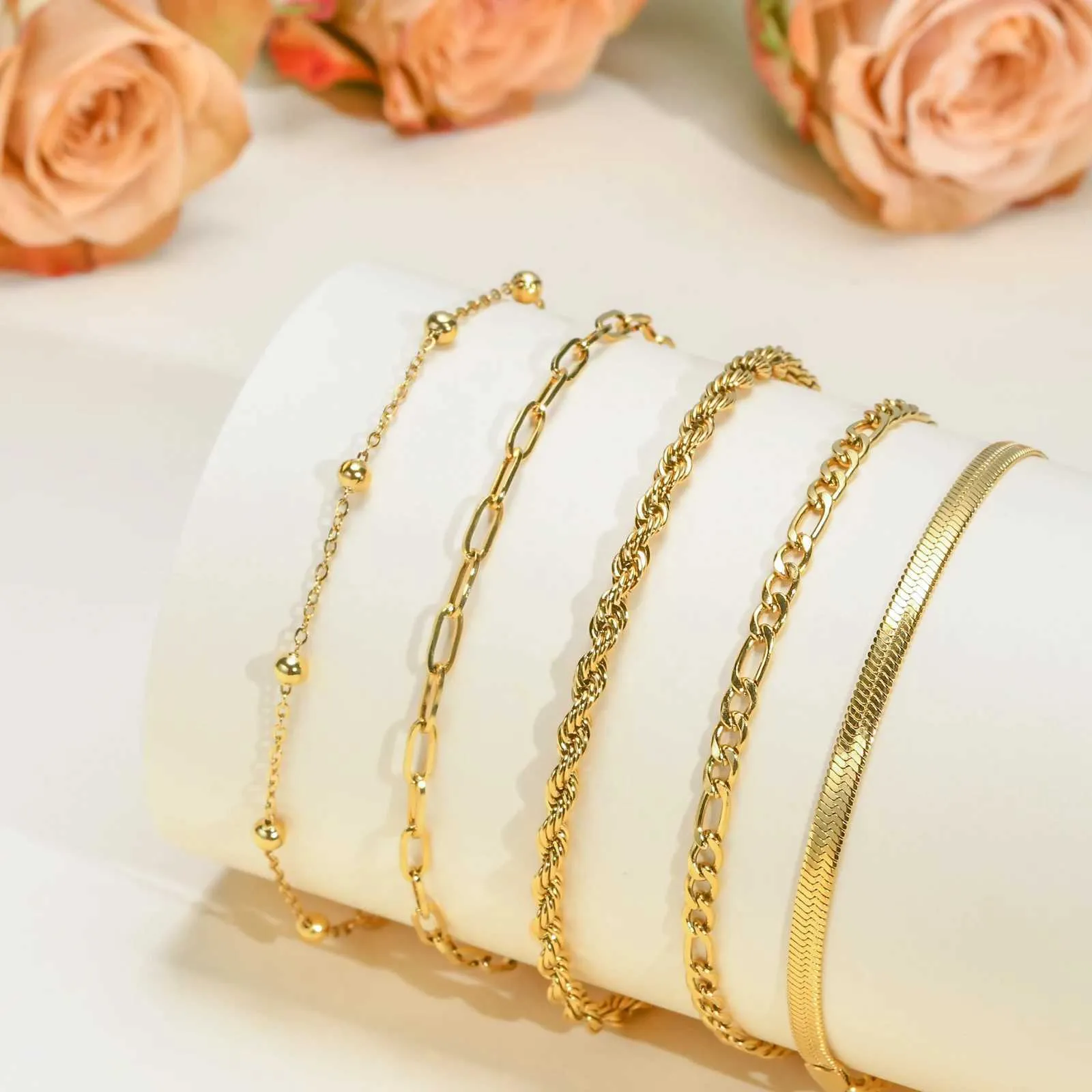 女性用の金メッキブレスレットセット、5ピースチェーンリンク 
