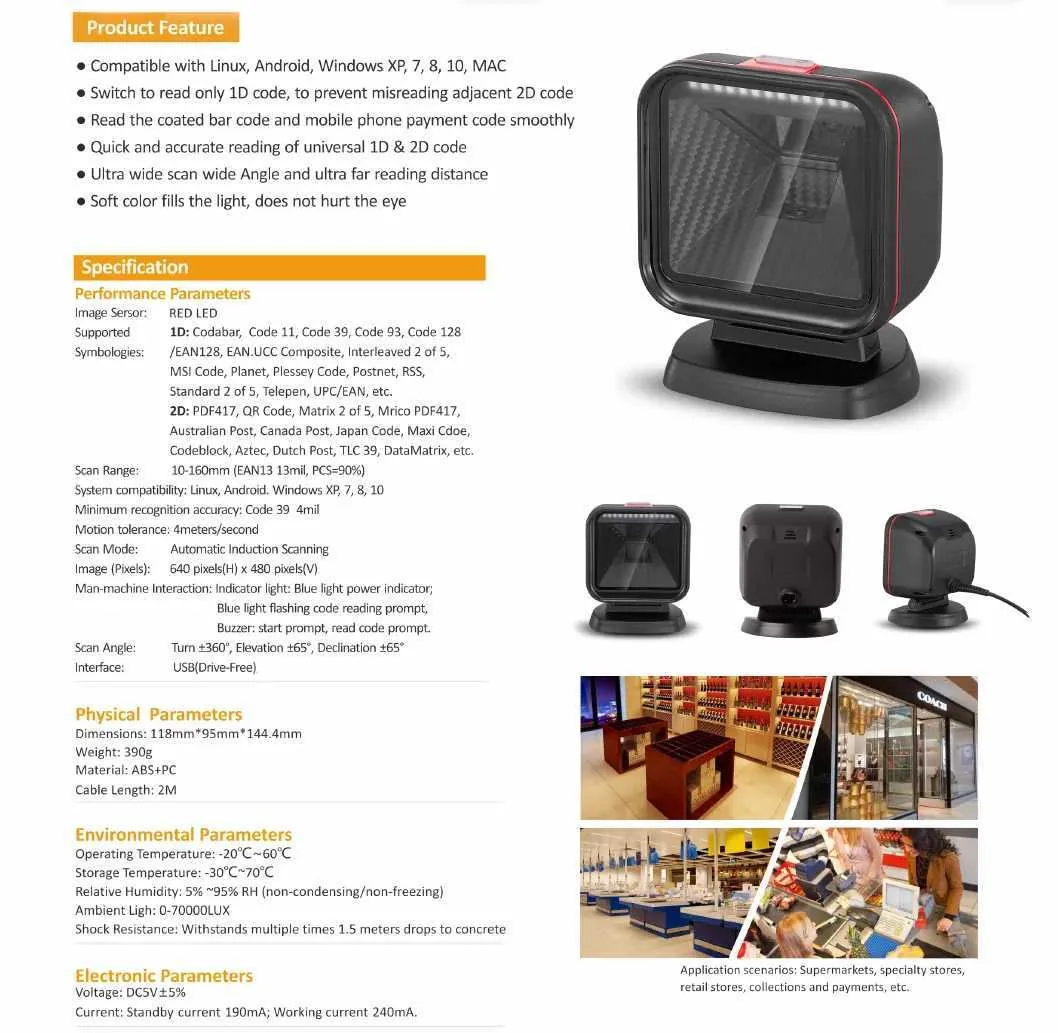 2D Omnidirectional Barcode Scanner: Desktop QR Code Reader For Retail ...