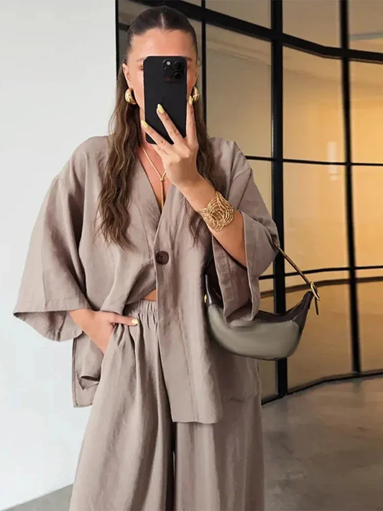 Solid Cotton Linen One Button Loose Shirt Set Womens Casual High Waist Wide Leg Pants Suit Summer Daily Street Outfit 250624