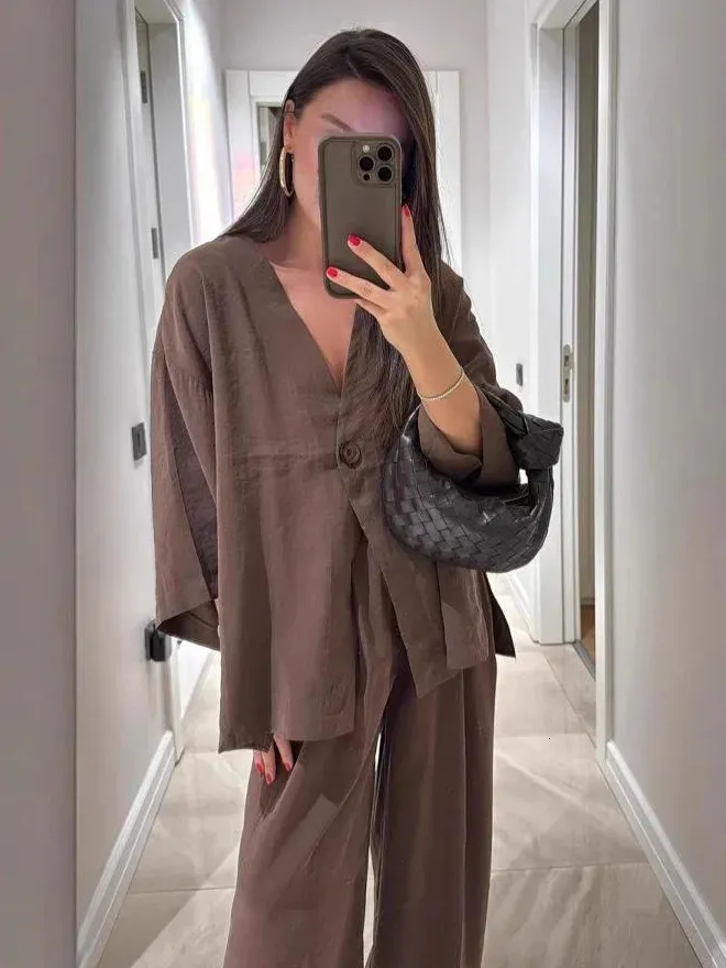 Solid Cotton Linen One Button Loose Shirt Set Womens Casual High Waist Wide Leg Pants Suit Summer Daily Street Outfit 250624