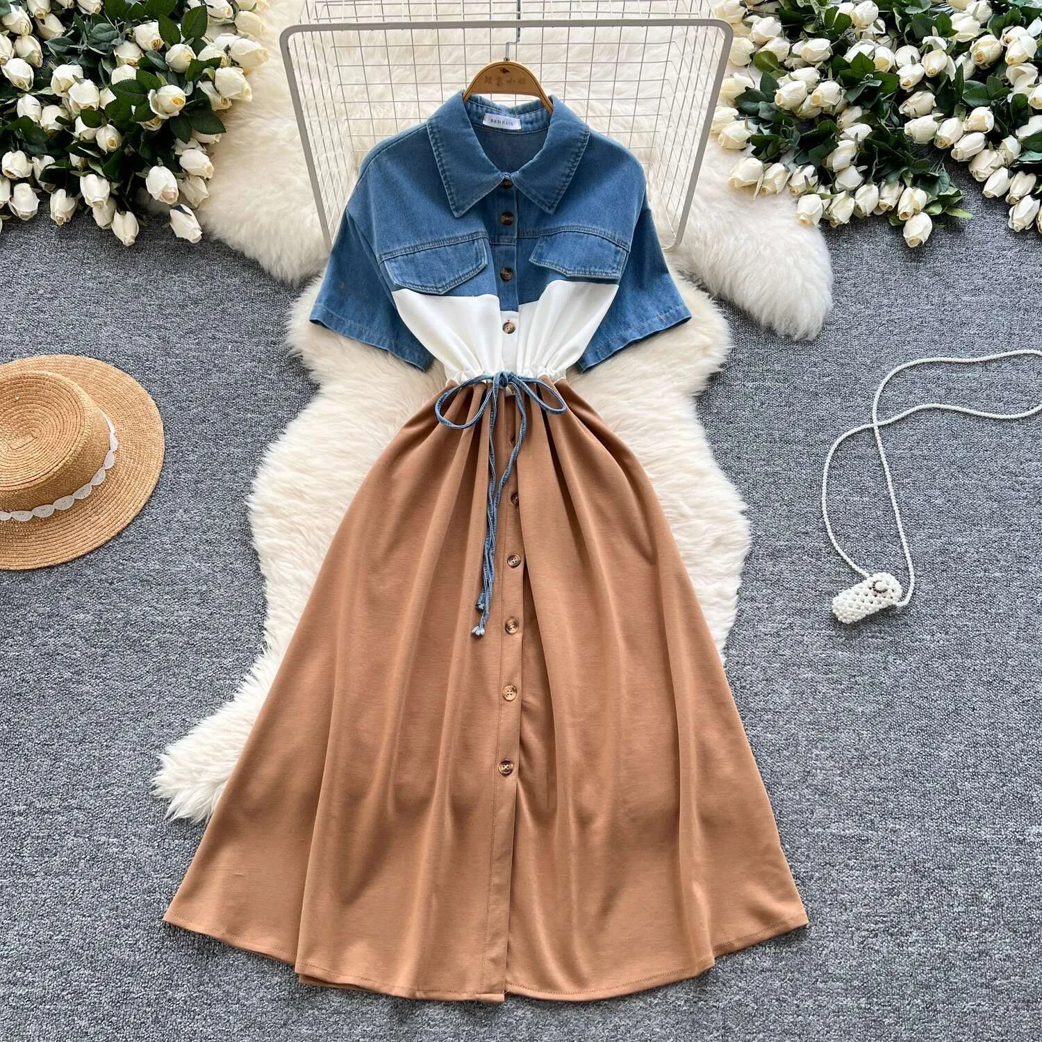 color block denim dress Asymmetrical Color Block Denim Dress  UrbanSheek
